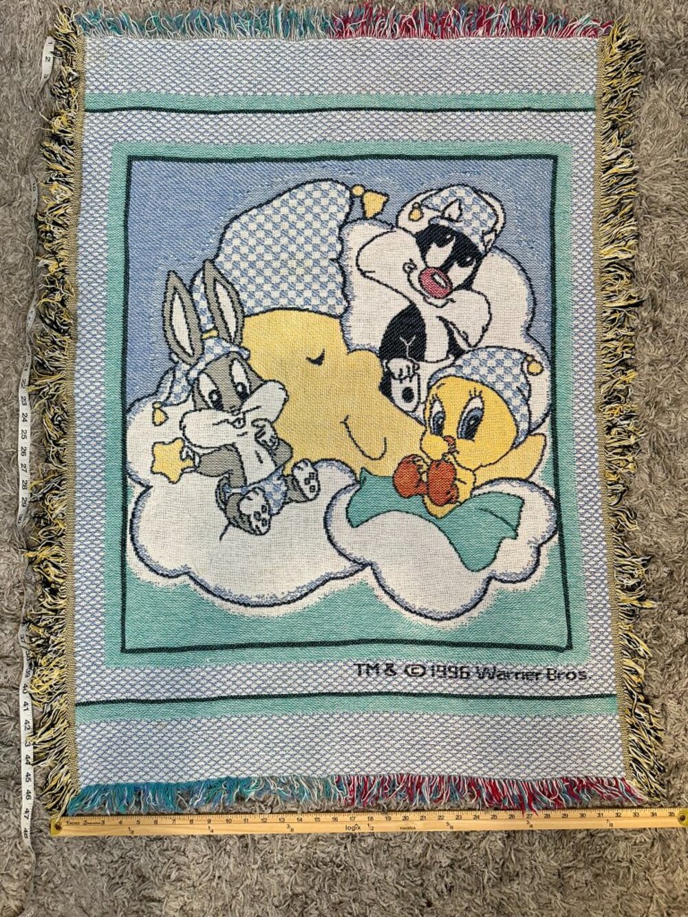 Vtg 90s Baby Looney Tunes Blanket Gerber Lovables Woven Cotton Jacquard 32x48